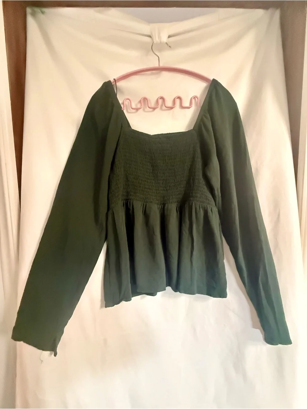 Old Navy Dark Green Smocked Bodice Long Sleeve Peplum Top